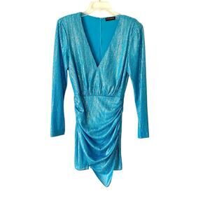 Ramy Brook Shimmering Metallic Turquoise Blue Long Sleeve Dress size 6 Ruched